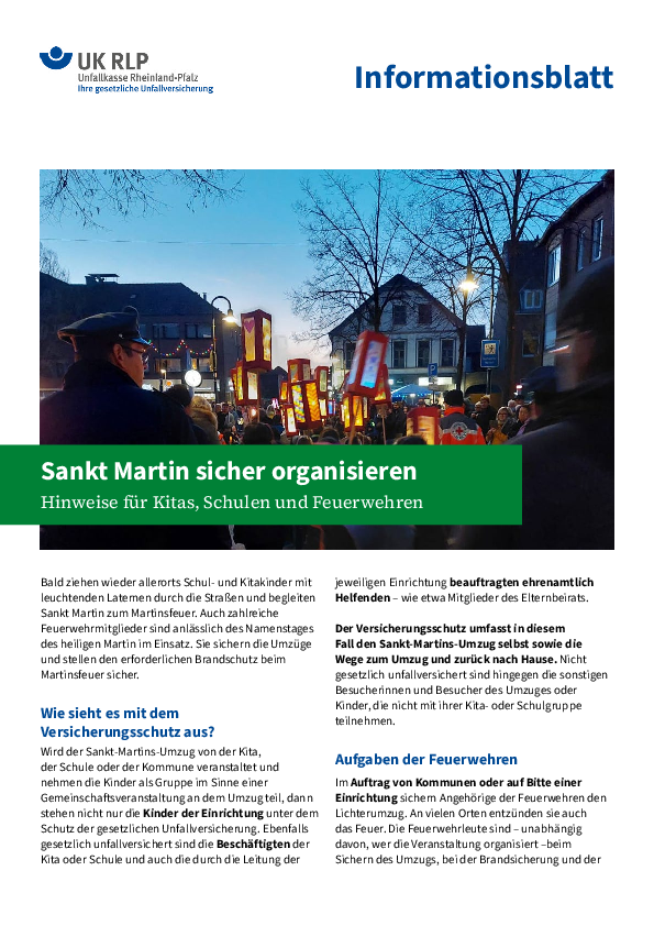 Titelblatt des Informationsblatts "Sankt Martin sicher organisieren"