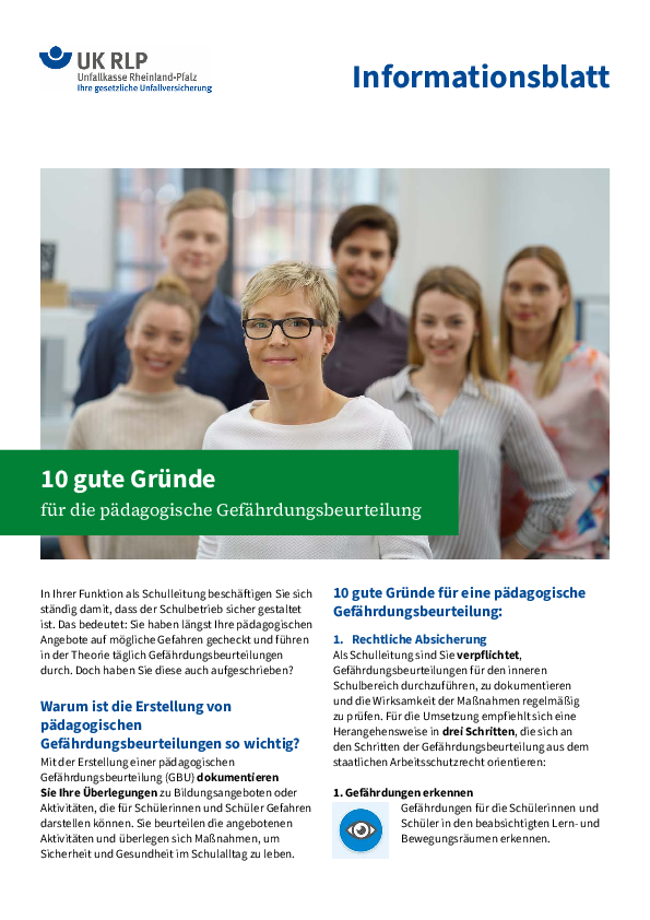 Seite 1 des Informationsblatts "10 gute Gründe für eine pädagogische Gefährdungsbeurteilung"
