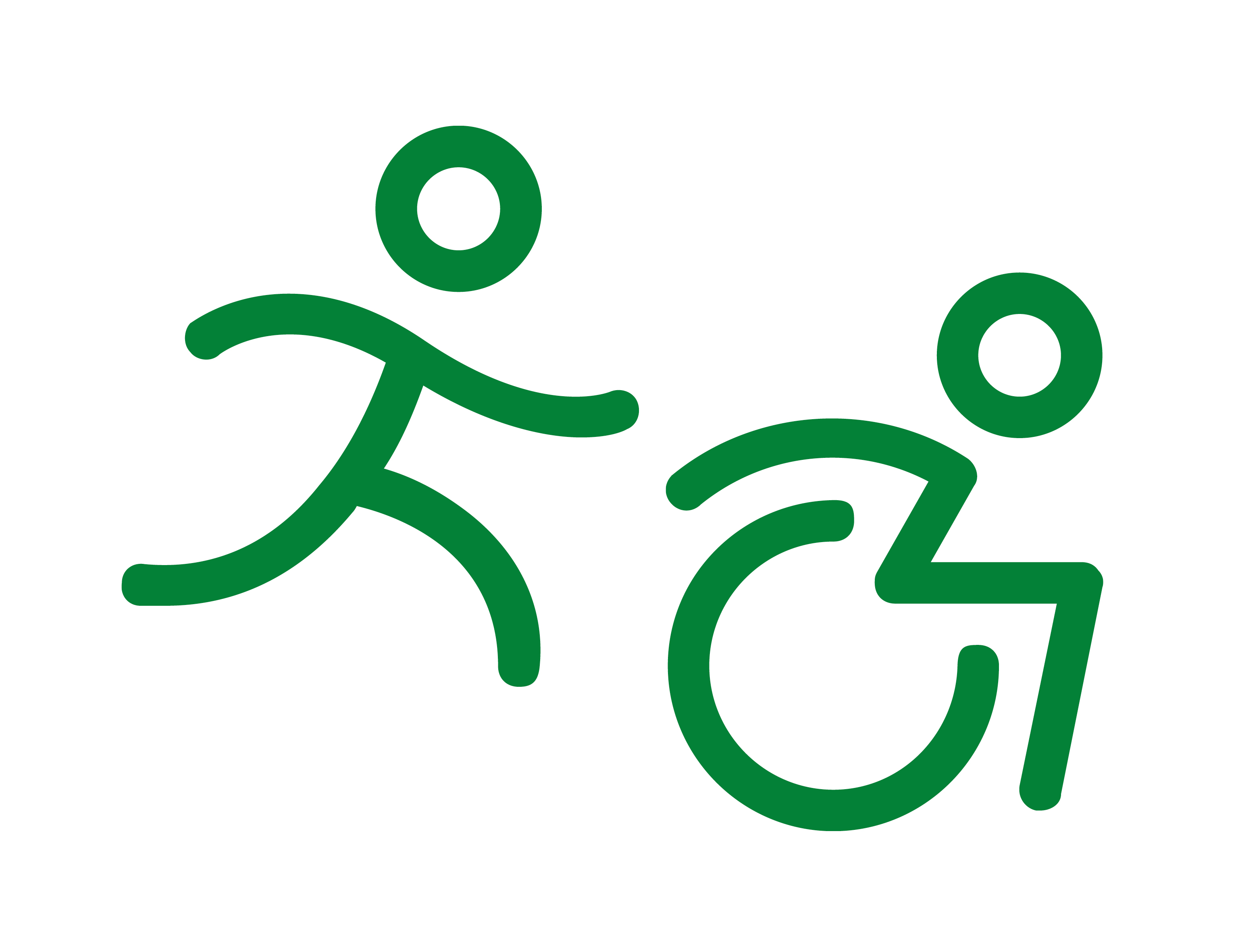 Zwei Strichfiguren: eine laufend, eine im Rollstuhl.